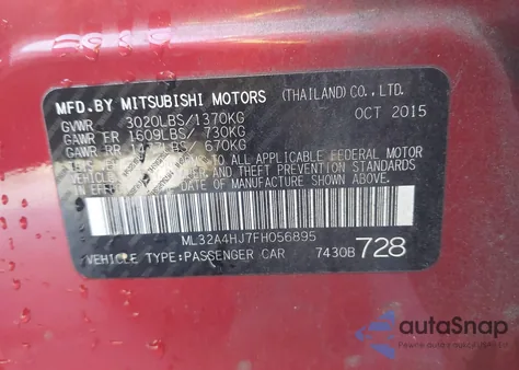 2015 Mitsubishi Mirage Es z USA, uszkodzony, nr VIN ML32A4HJ7FH056895